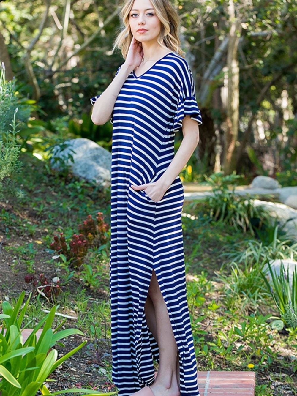 Sweet Lovely by Jen - Plus Size Navy Striped Ruffle Sleeve Maxi Dress 1X, 2X, 3X